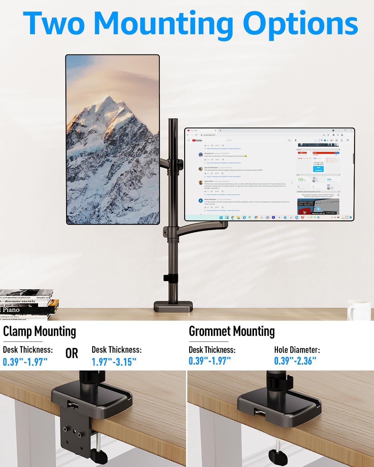 Vertical Dual Monitor Mount Holds 4.4-17.6lbs, up to 32 Inch Stacked Monitor Mount with Gas Spring Arm with