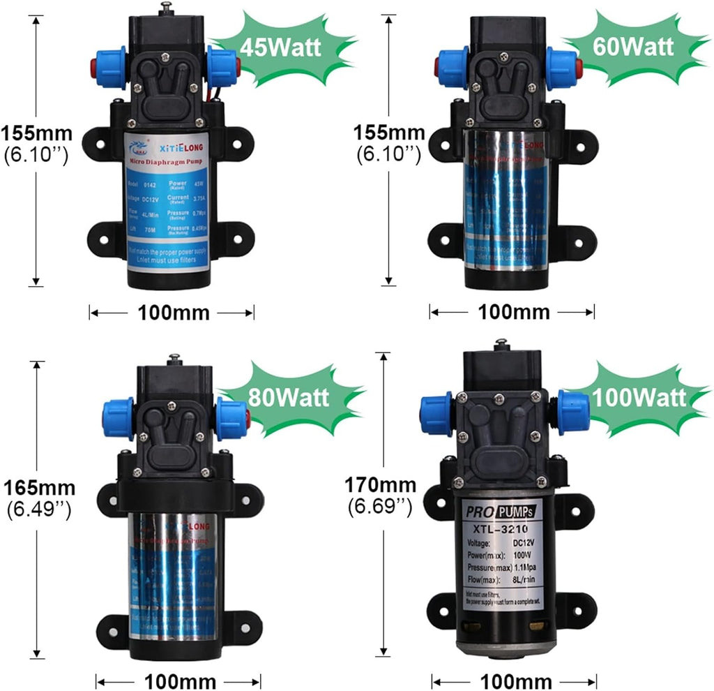 Adjustable Small submersible pump 45/60/80/100 Watt DC 12V Fresh Water Pump Diaphragm Self Priming Sprayer Pump Automatic Switch Connection 4/5/6/8L Per Min(60Watt-DC 12V)