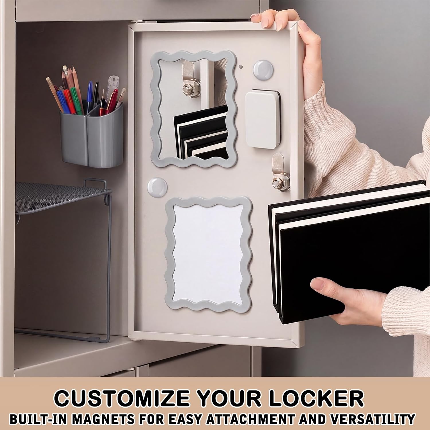 12 Pcs Gray Locker Accessories Kit with Locker Shelf Magnetic Mirror Magnetic Pen Holder Whiteboard Marker Eraser
