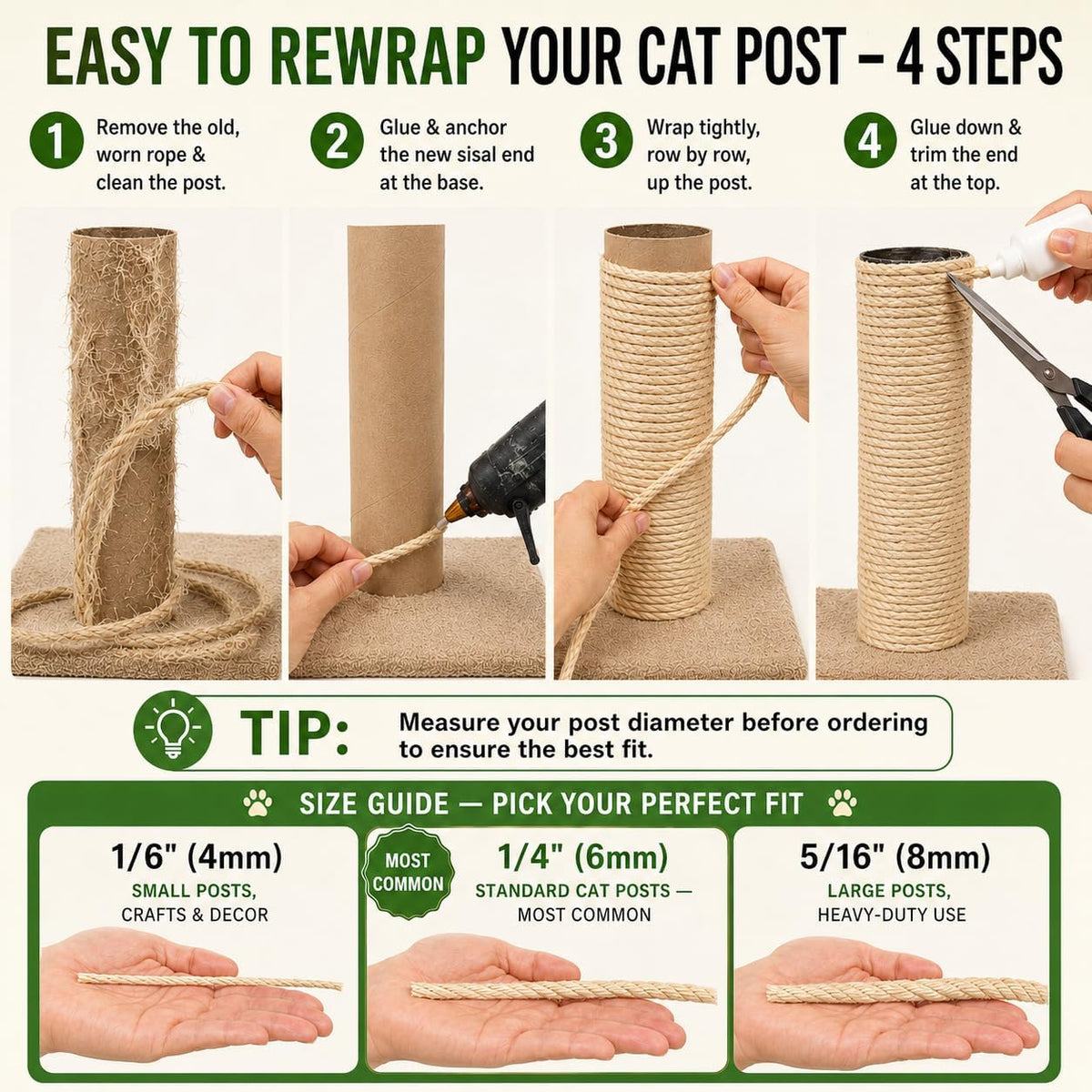 Sisal Rope for Cat Scratching Post 6mm (1/4 Inch) x 100FT Twine