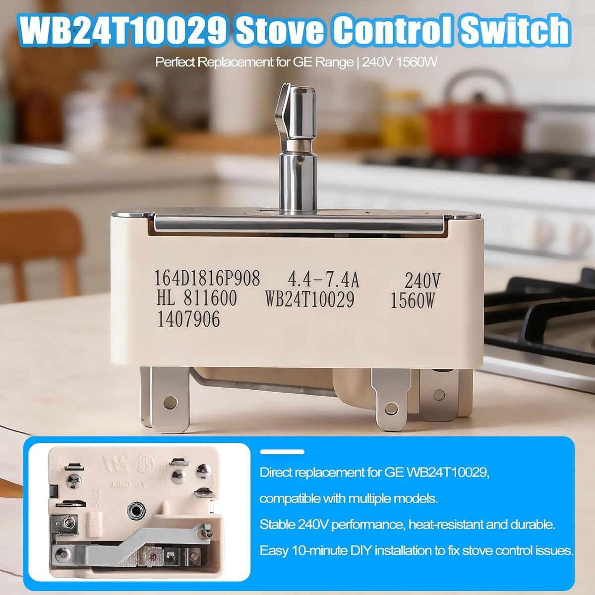 WB24T10029 6 Inch Surface Burner Infinite Switch, Exact OEM Replacement for GE Hotpoint Electric Range Stove, Replaces Part Numbers 769696, AP2024076, AH236754, EA236754, PS236754