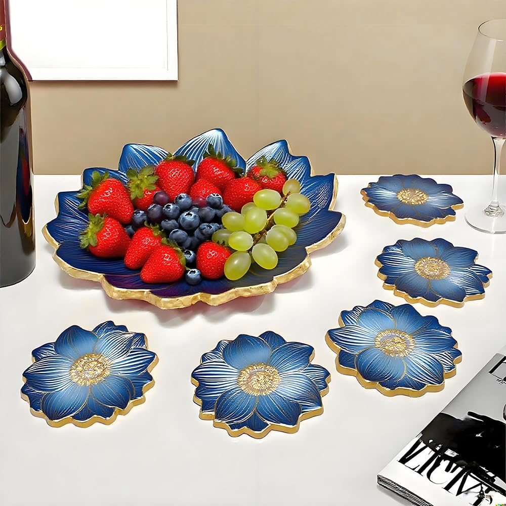 Large Resin Tray molds 14in Flower Resin Molds Silicone + 4pcs Coaster Silicone Mold Set DIY Art Craft Tray Cup Mats