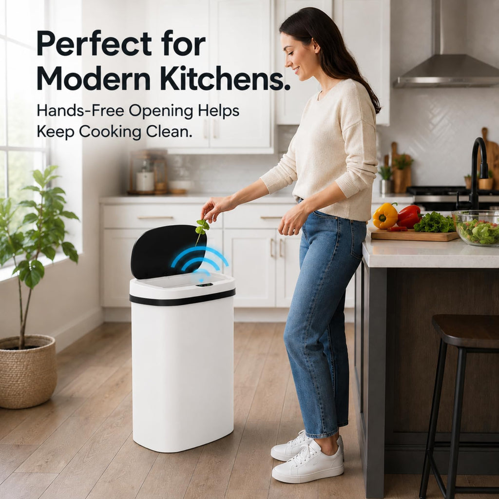 13 Gallon Touchless Trash Can, White, PP Plastic