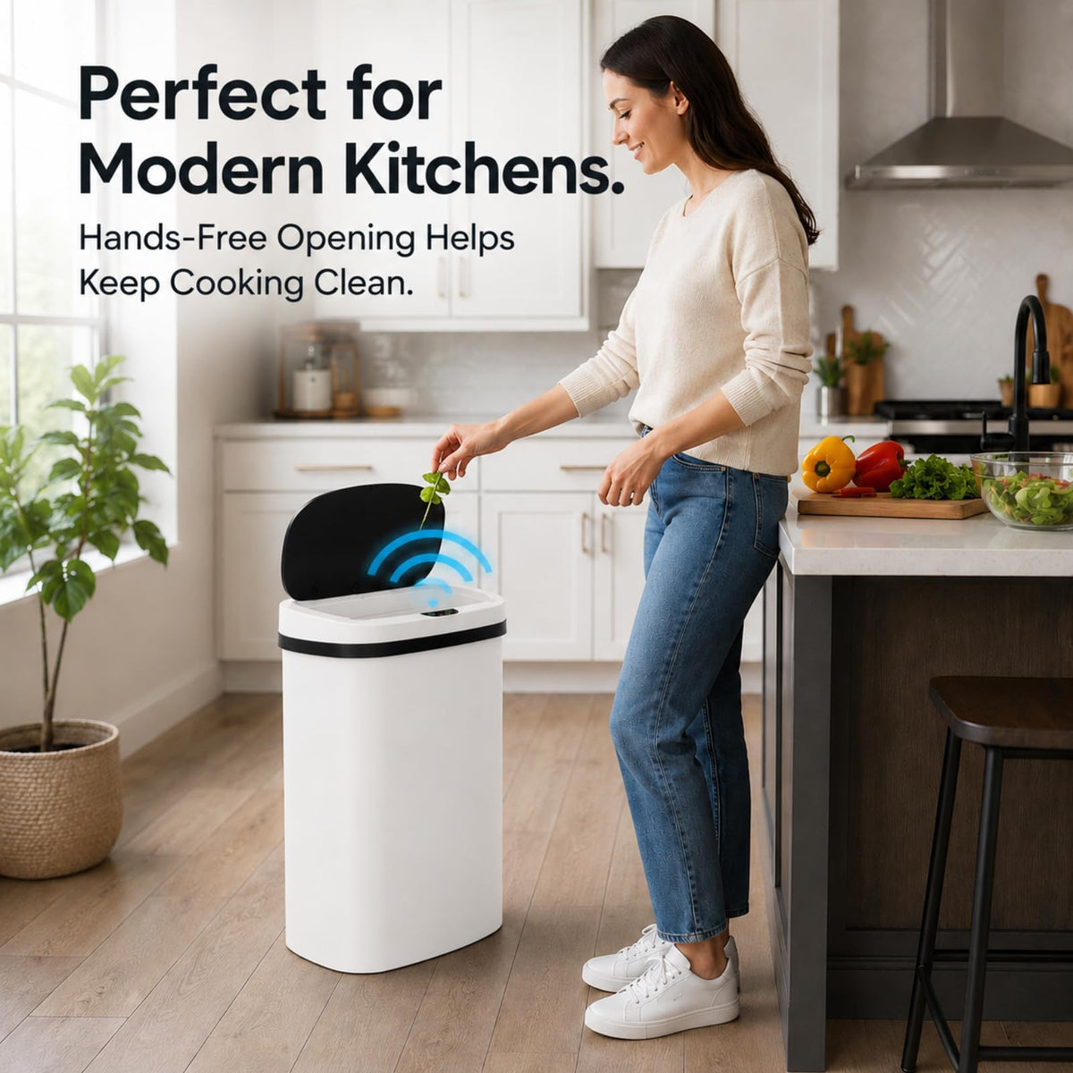 13 Gallon Touchless Trash Can, White, PP Plastic