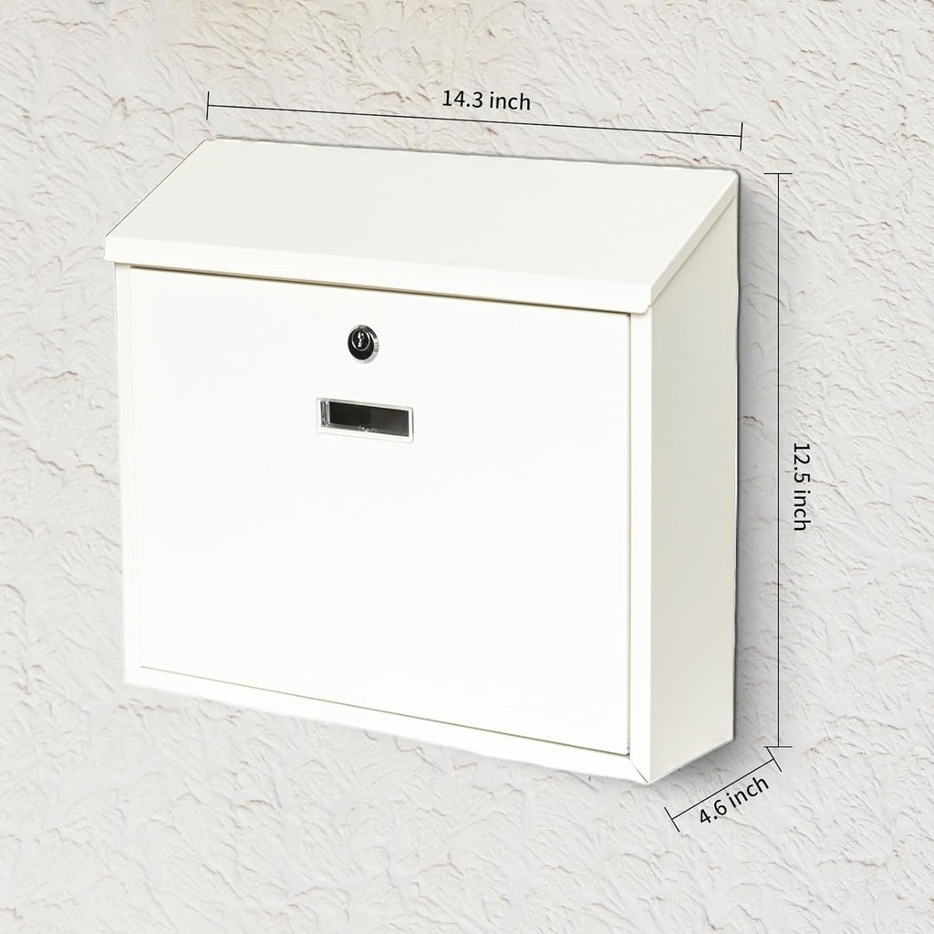 Wall Mount Locking Mailbox, White Modern Mail Box for Outside, Galvanized Steel Large Capacity 14" Mailbox for House
