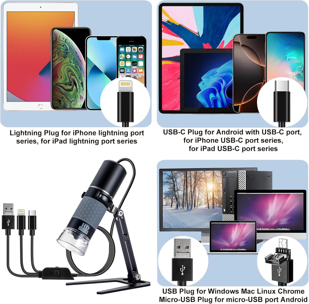 1080P 50-1000x USB Digital Microscope Stand for iPhone Android PC | 1920x1080P 8 LED Handheld Endoscope Mini Camera
