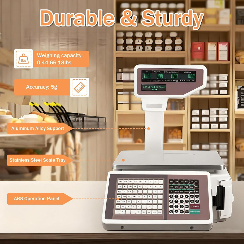 Commercial Digital Price Computing,Scale with Label Printer,Pole Display 66lb Weighing Range for Supermarket, Deli