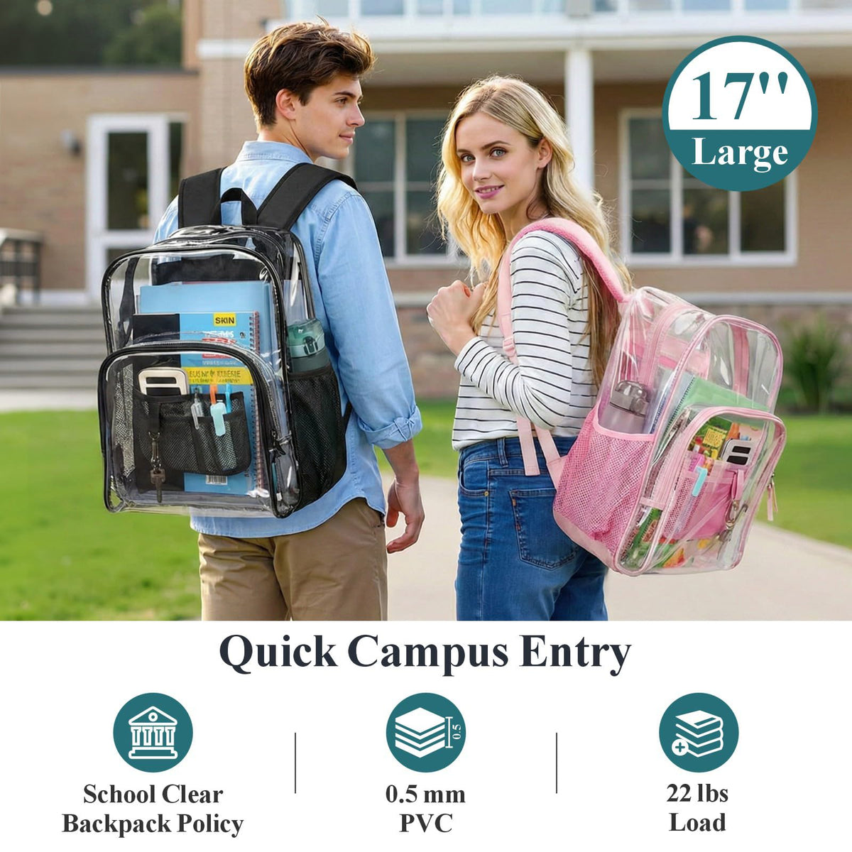 Clear Backpack for School - 17 inch Heavy Duty Bookbag, Bright Blue