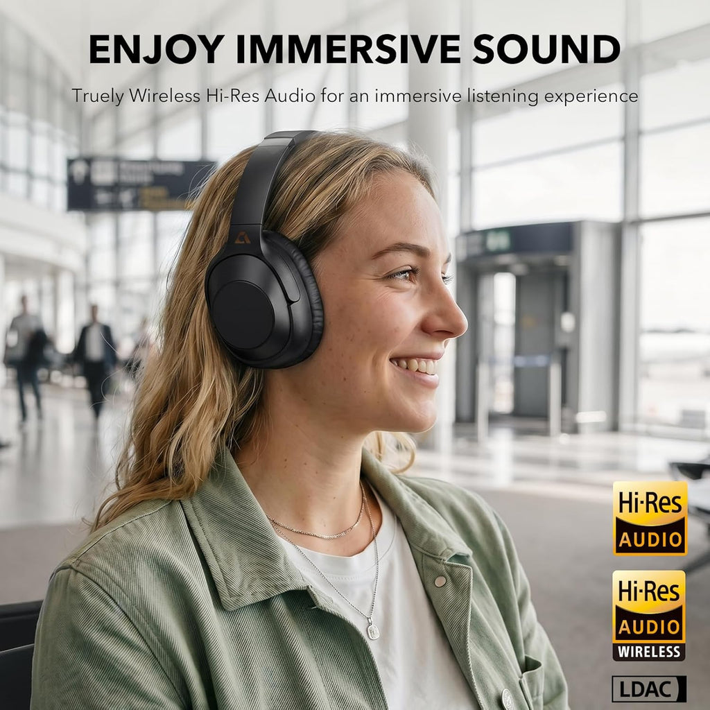 Bluetooth 6.0 Active Noise Cancelling Headphones for Airplane Travel, Black | LDAC Hi-Res Audio, 90H Playtime Wired