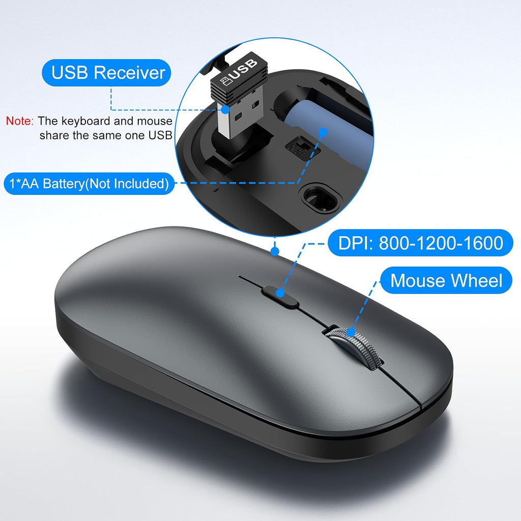 Wireless Keyboard and Mouse Combo, Ultra Slim Full Size Silent Keyboard and Adjustable 3-Level DPI Mouse,2.4GHz