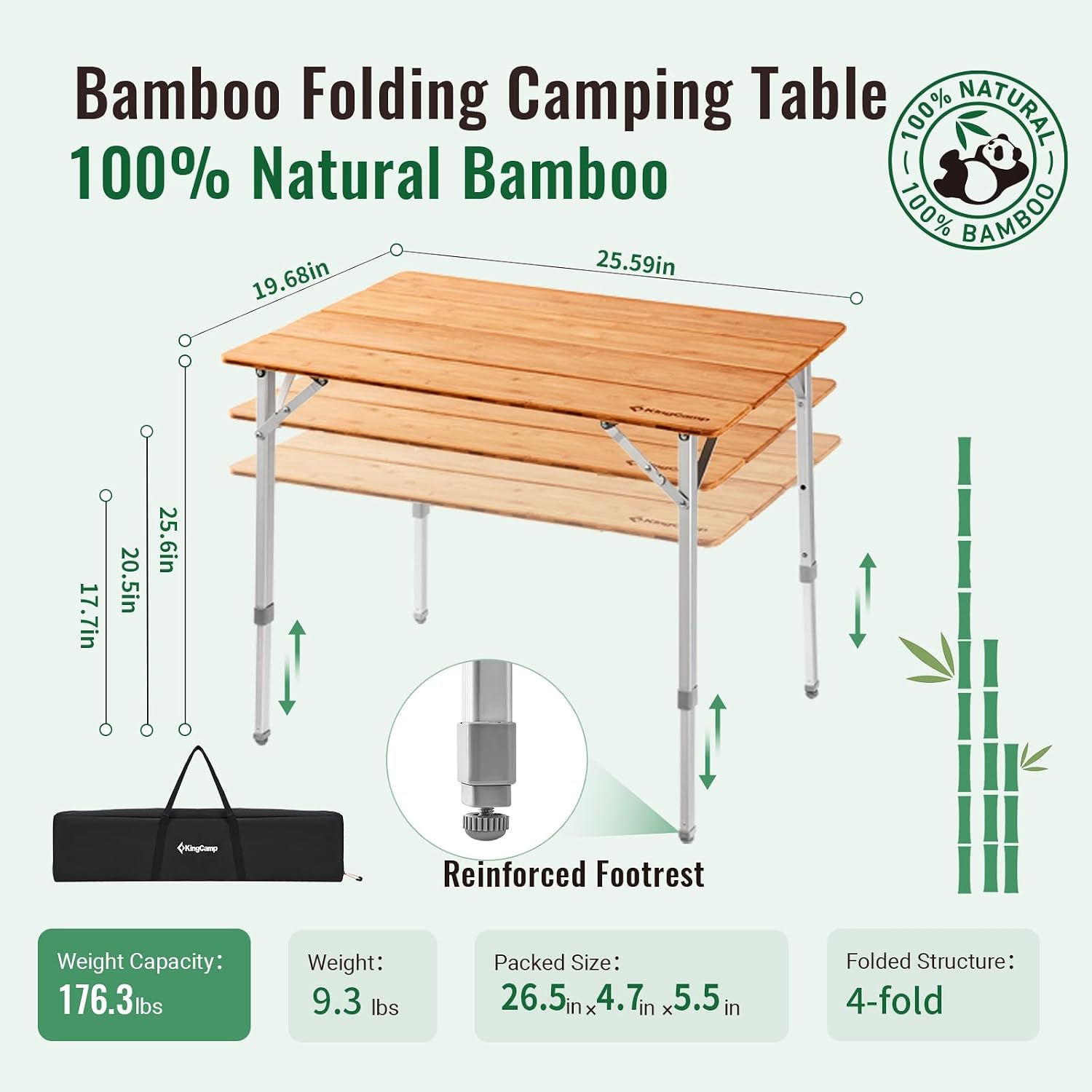 Adjustable Height Folding Table, 4-Fold Bamboo Camping Outdoor Portable RV Camp Table with Carry Bag for Outdoor Car