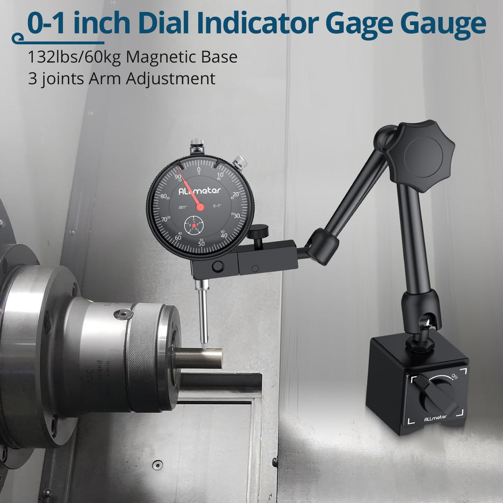 ALLmeter Dial Indicator Set,0-1in Range,0.001in,132lb Magnetic Base