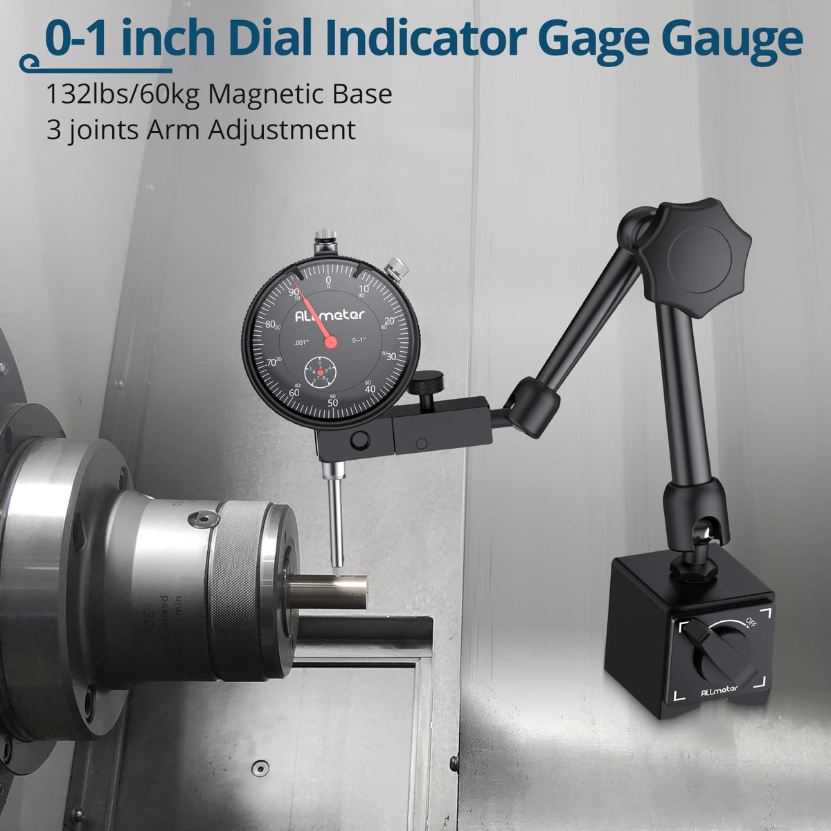ALLmeter Dial Indicator Set,0-1in Range,0.001in,132lb Magnetic Base