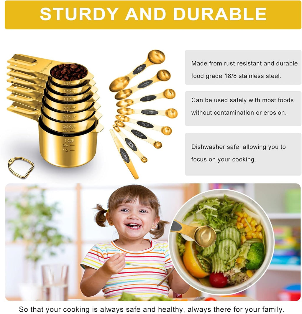 Gold Measuring Cups and Spoons Set of 15, 18/8 Stainless Steel, Includes 7 Nesting Metal Measuring Cups,8 Magnetic