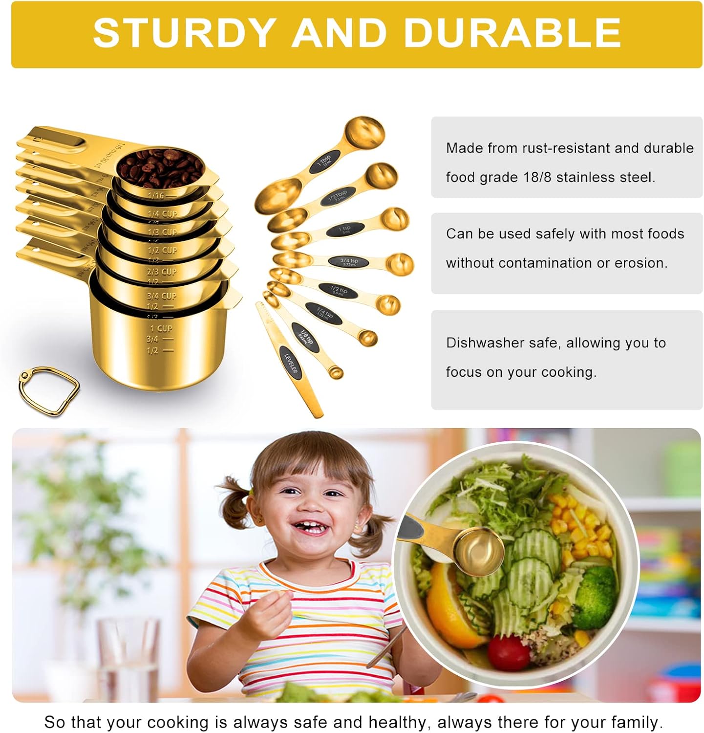 Gold Measuring Cups and Spoons Set of 15, 18/8 Stainless Steel, Includes 7 Nesting Metal Measuring Cups,8 Magnetic