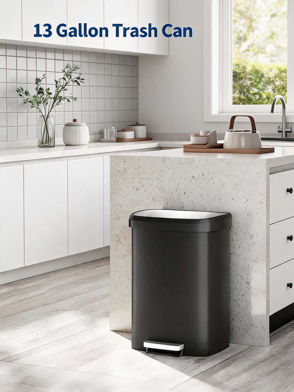 13 Gallon / 50L Step-On Kitchen Trash Can - Plastic Garbage Bin, Soft-Close Lid, Liner Lock Rim, Rear Handle - Color: