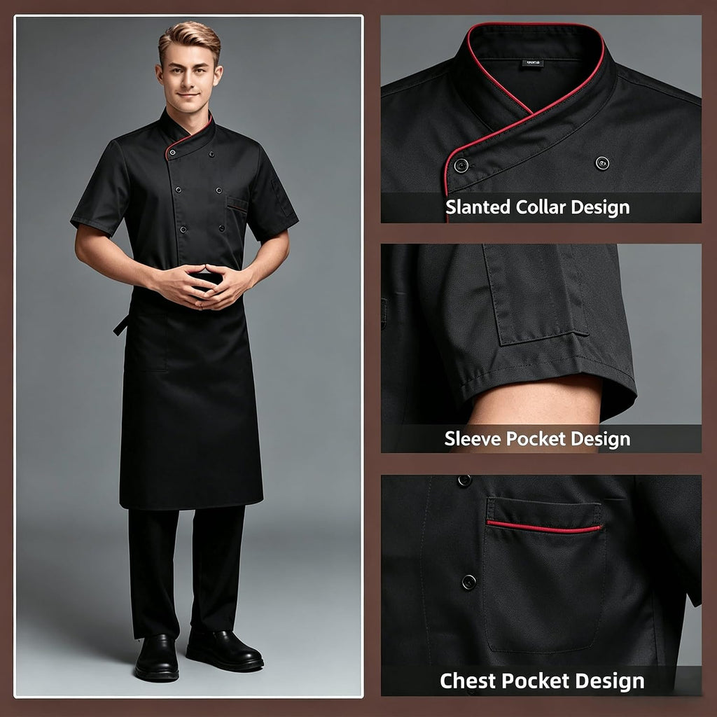 Men's Chef Coat Uniform Short Sleeve Chef Jacket Breathable Chef Uniform for Kitchen, Restaurant, Bakery