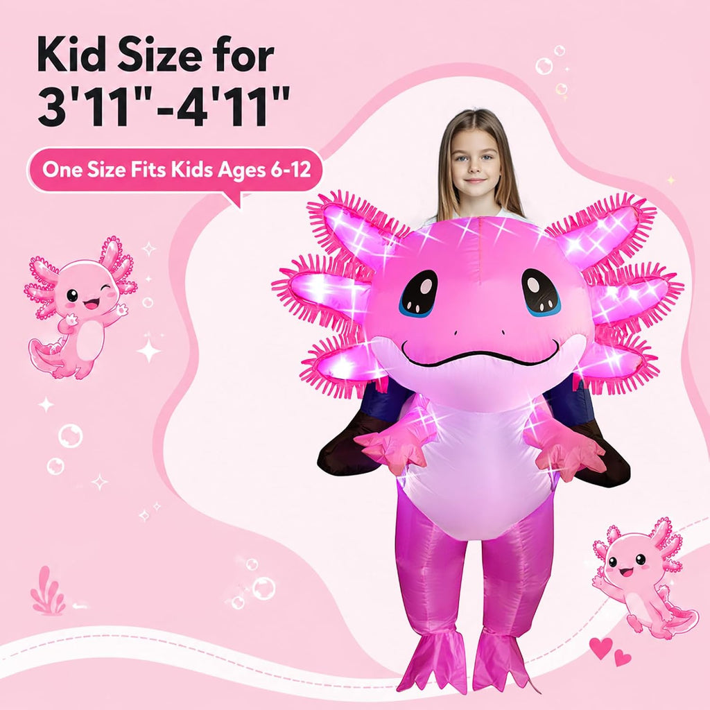 Inflatable Axolotl Costume for Kids with LED Lights, Ride-On Blow Up Halloween Cosplay Outfit for Girls and Boys