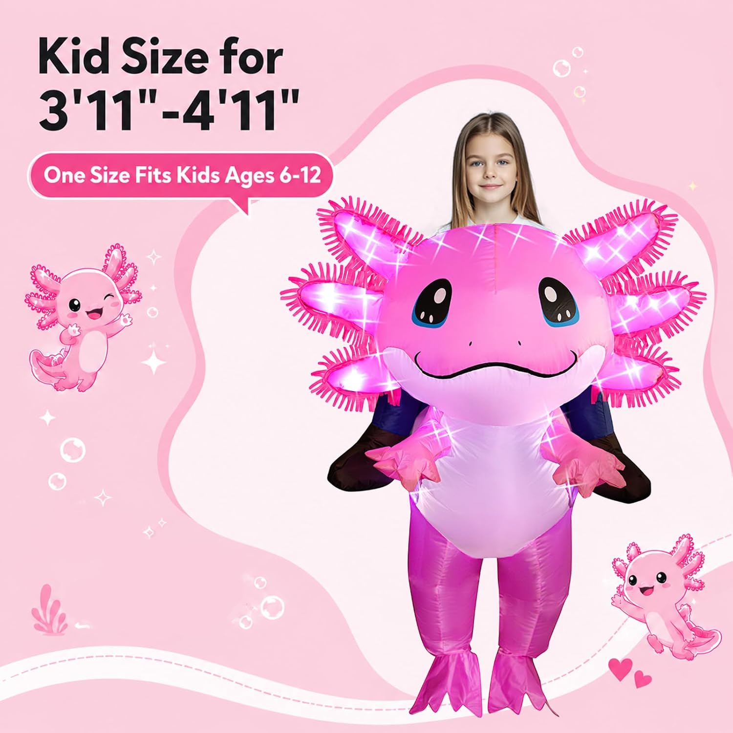 Inflatable Axolotl Costume for Kids with LED Lights, Ride-On Blow Up Halloween Cosplay Outfit for Girls and Boys