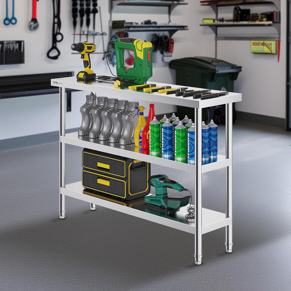 Stainless Steel Food Prep Table, 14 x 48 x 34 Inch Commercial Kitchen Worktable, with 2 Adjustable Undershelf, Heavy