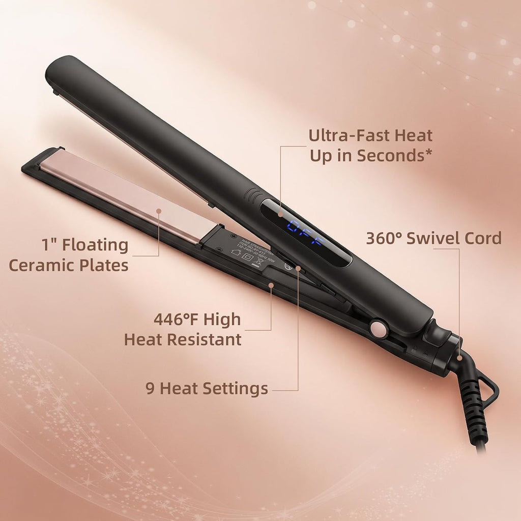 Hair Straightener, Ionic Titanium Ceramic Floating Plates Curler, 20s Fast Heating, 9 Temp Settings 170-400°F, Dual