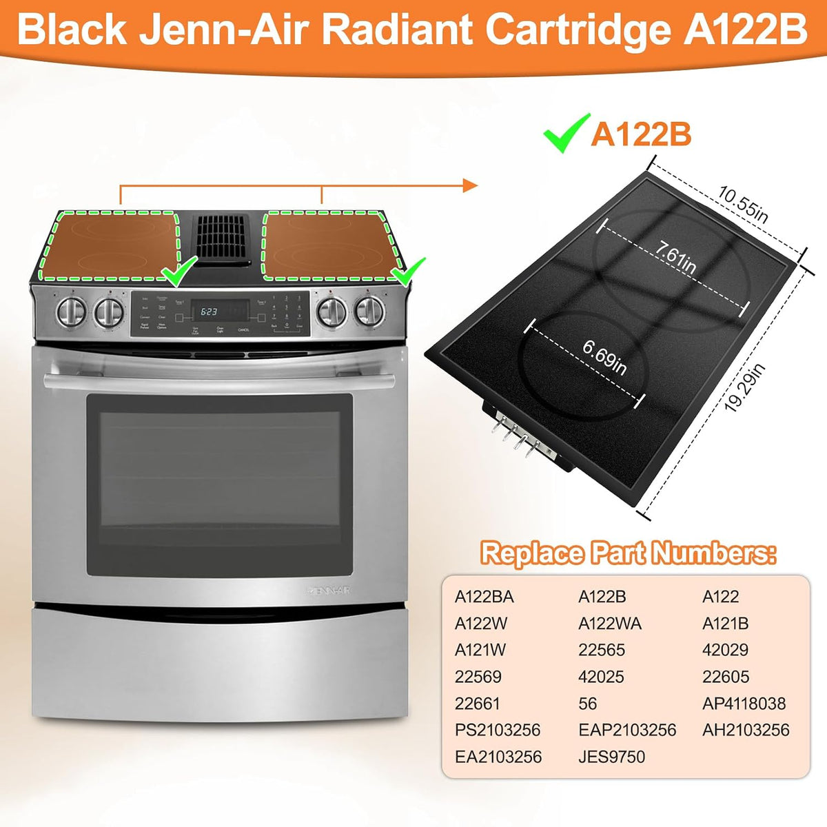 Upgraded A122B Radiant Cartridge Compatible with Jenn Air Cooktop Replacement Parts, A122BA Glass Cooktop Replacement Burner For Jenn-Air Range/Cooktop Cartridge Black With Ceran Glass-Ceramic Surface