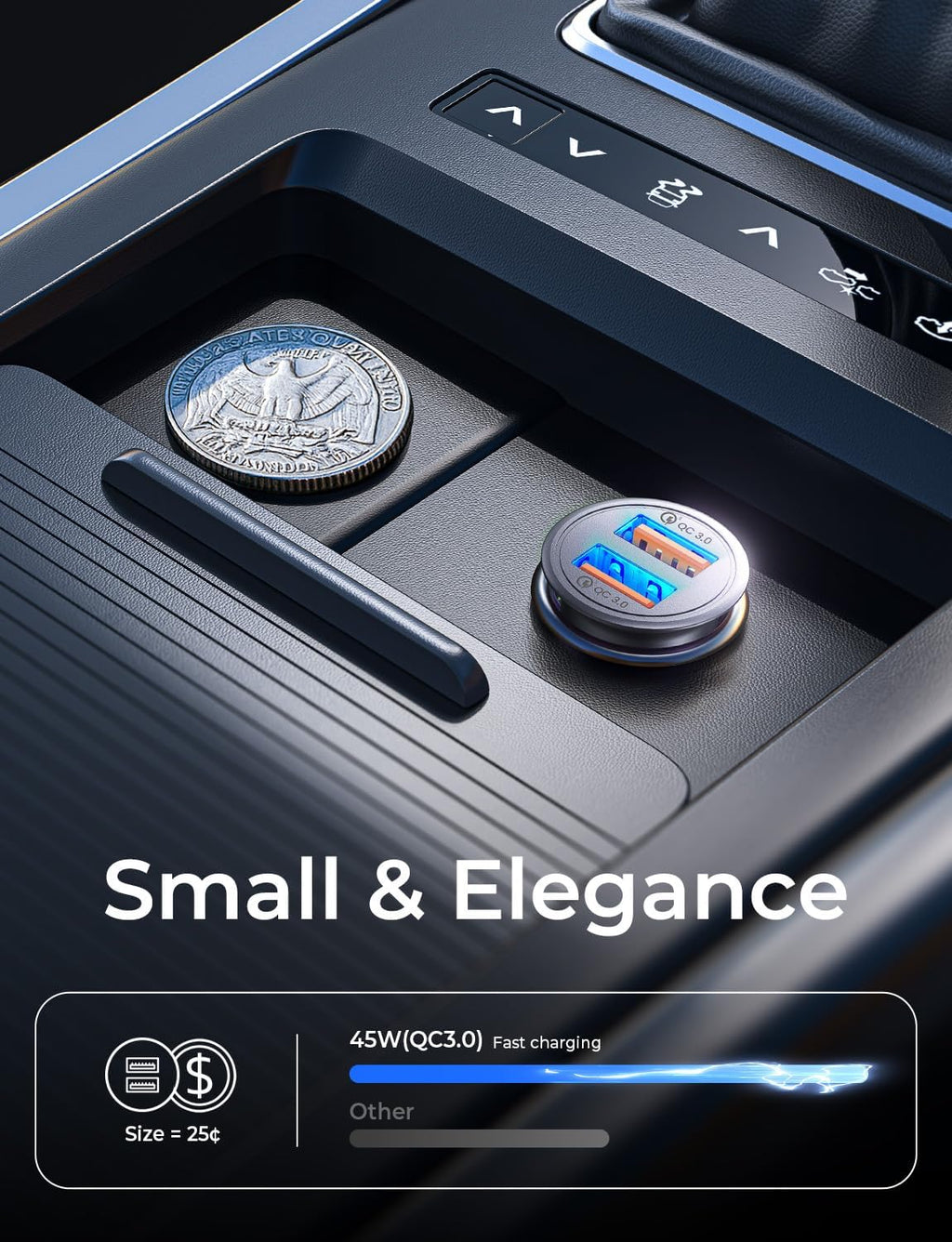 QC 3.0 USB Car Charger, 45W Cigarette Lighter USB Charger, Fast Car Charger for Android, [Mini & Aluminum Alloy] 12V
