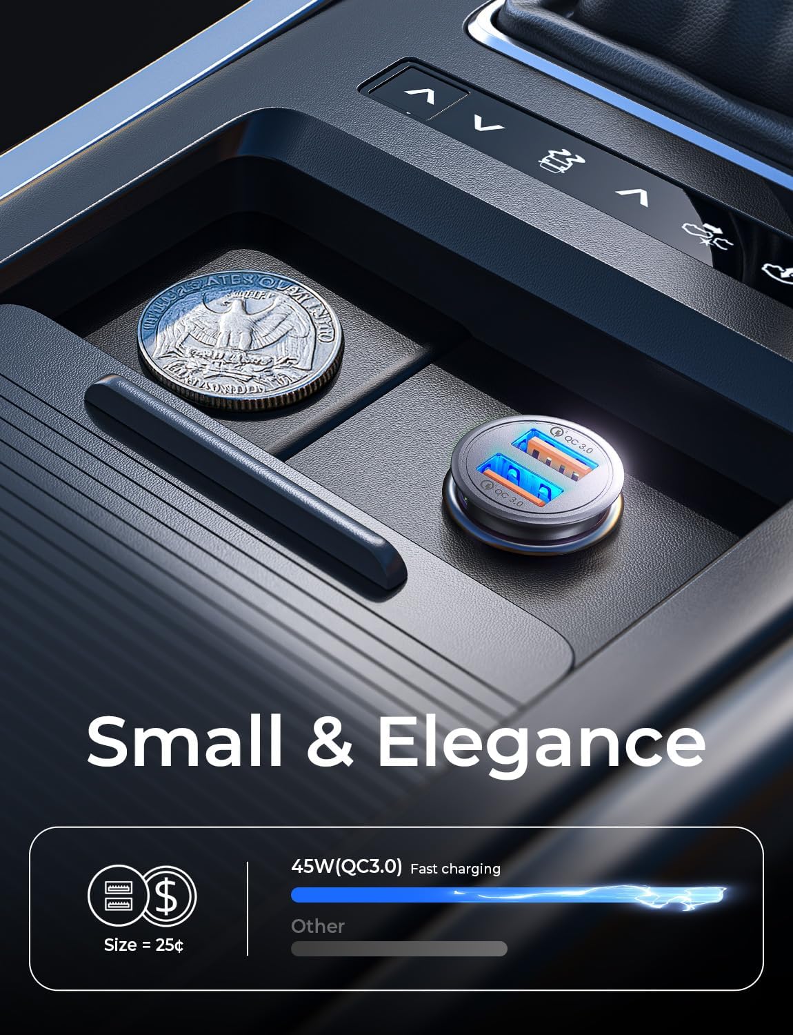 QC 3.0 USB Car Charger, 45W Cigarette Lighter USB Charger, Fast Car Charger for Android, [Mini & Aluminum Alloy] 12V