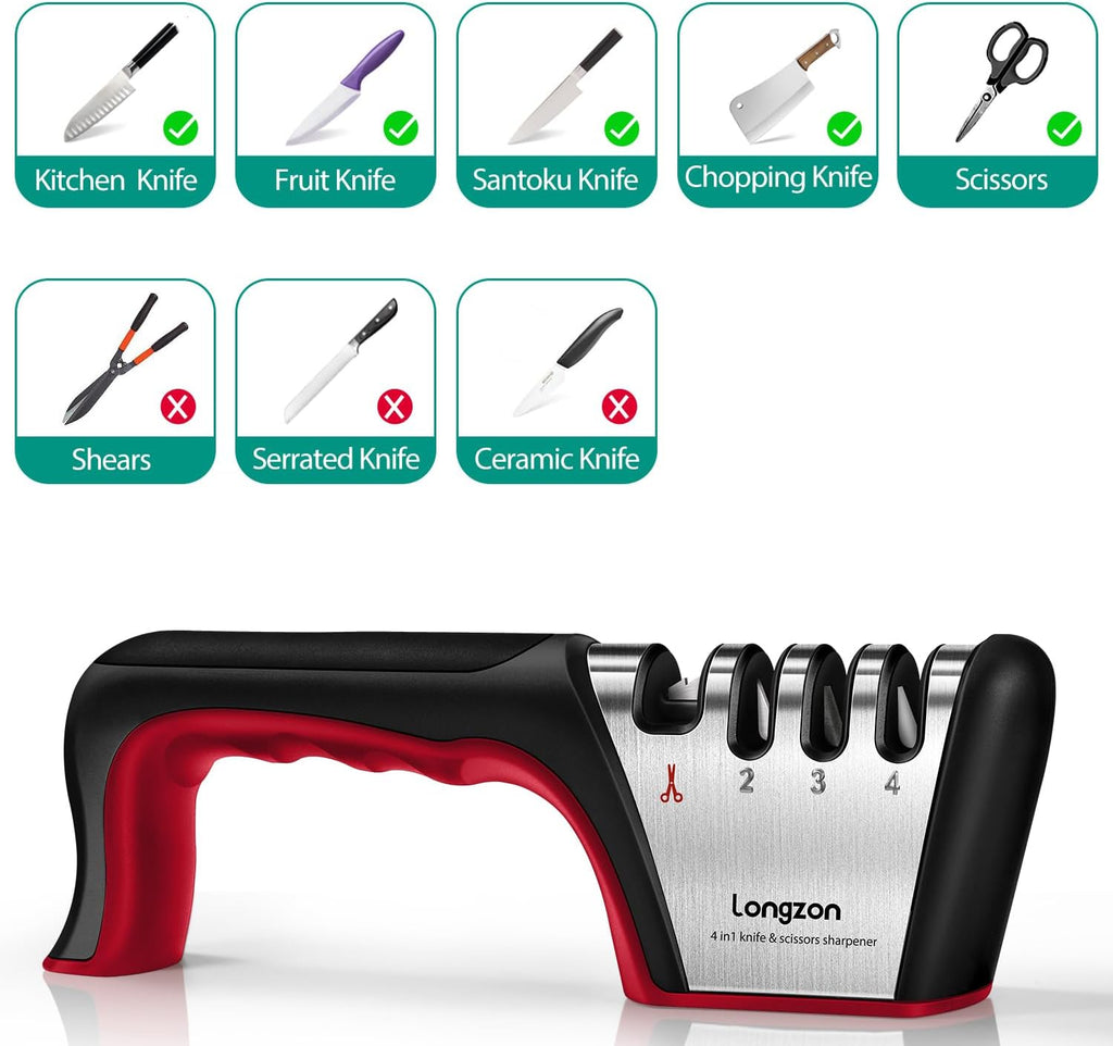 5-in-1 Knife Sharpener 4 Stage with Cut-Resistant Glove, Quickly Sharpens & Restores Dull Blades, Easy & Safe for