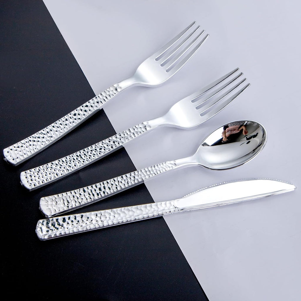300PCS Hammered Silver Plastic Silverware, Disposable Cutlery Sets