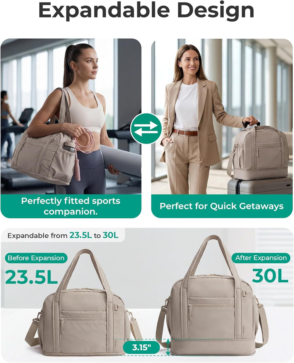 Expandable Personal Item Travel Bag, Lightweight Gym Bag for Women, 24L Weekender Travel Duffle with Toiletry Bag