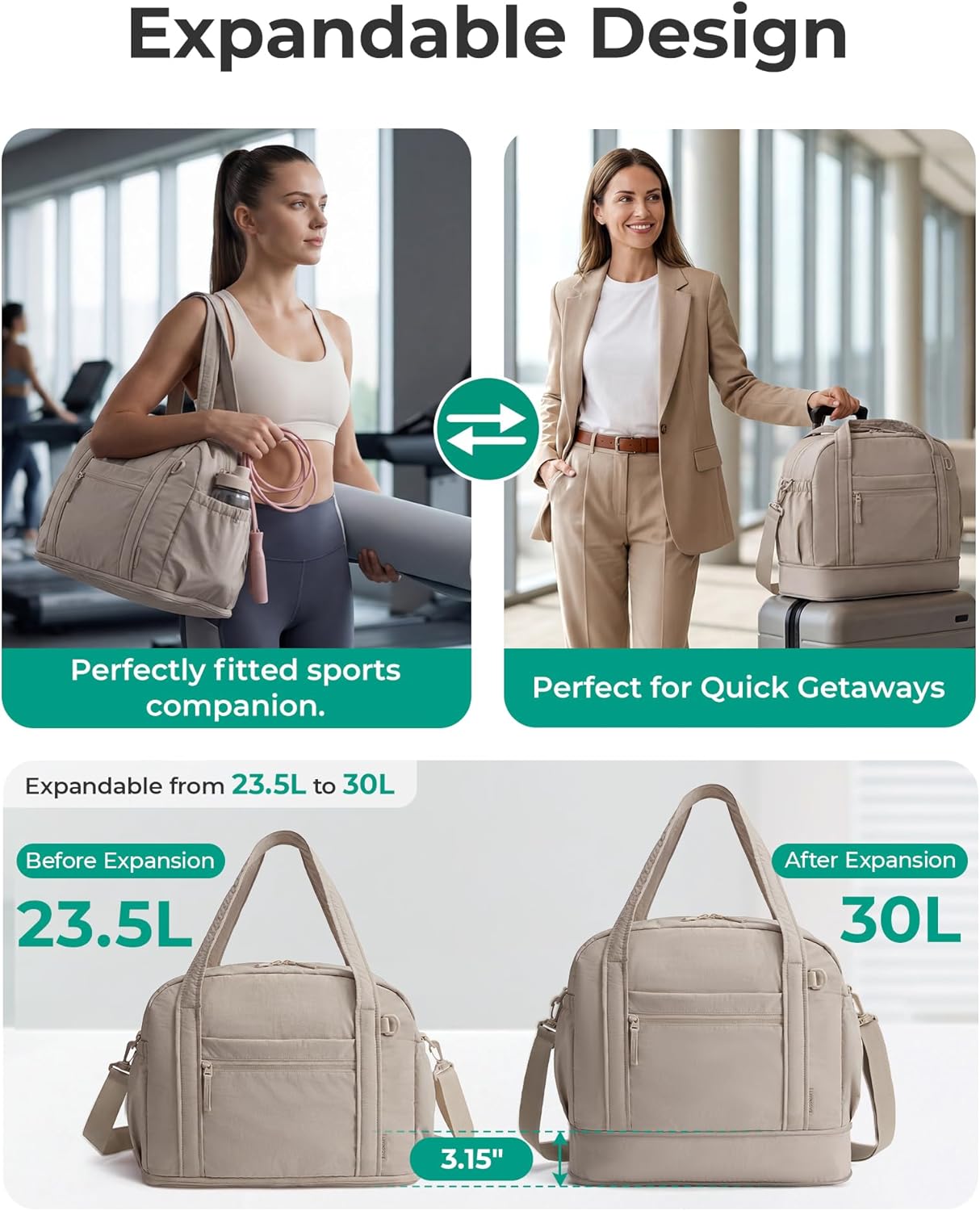 Expandable Personal Item Travel Bag, Lightweight Gym Bag for Women, 24L Weekender Travel Duffle with Toiletry Bag