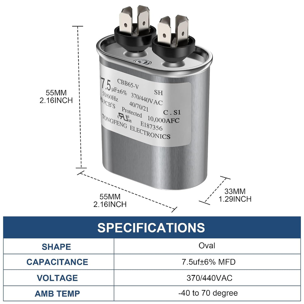 7.5 uF ±6% Capacitor, 7.5 MFD CBB65 Capacitor 370/440V AC for AC Motor Run