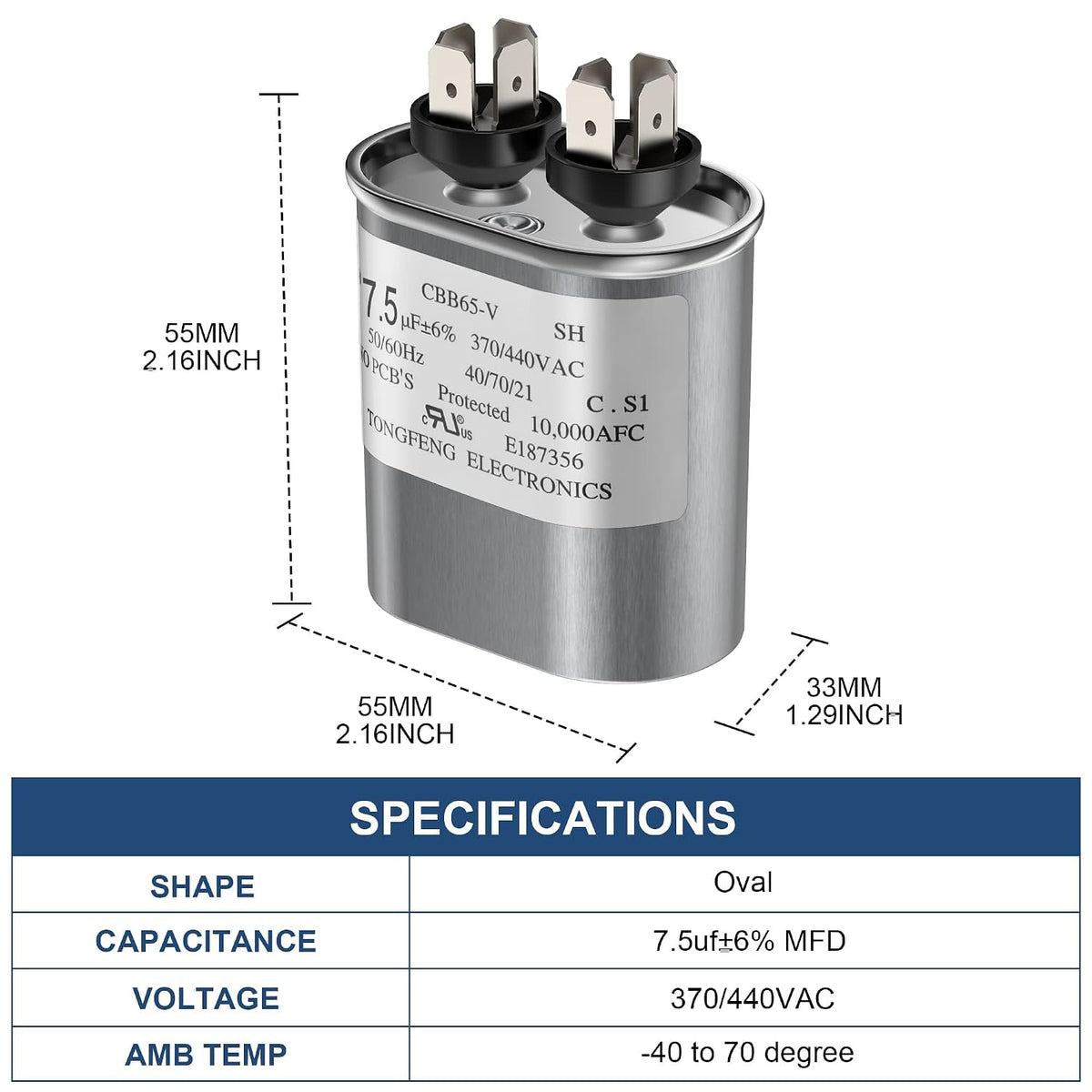7.5 uF ±6% Capacitor, 7.5 MFD CBB65 Capacitor 370/440V AC for AC Motor Run