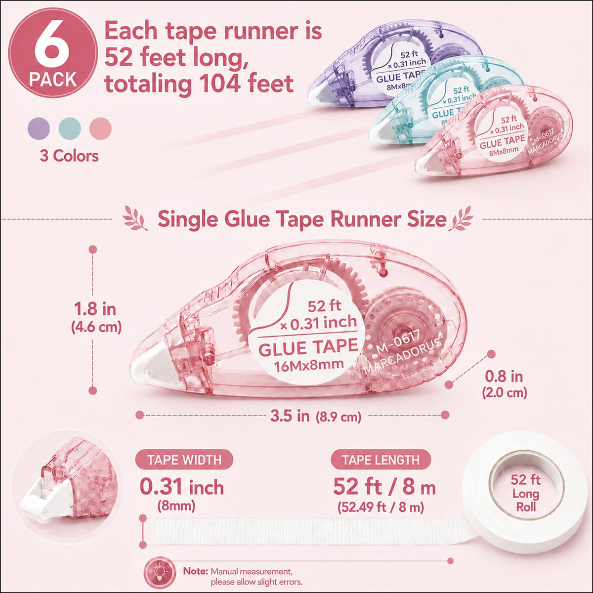 Double Sided Tape Roller, Scrapbook Glue Tape 6 Pack, Extra-Long