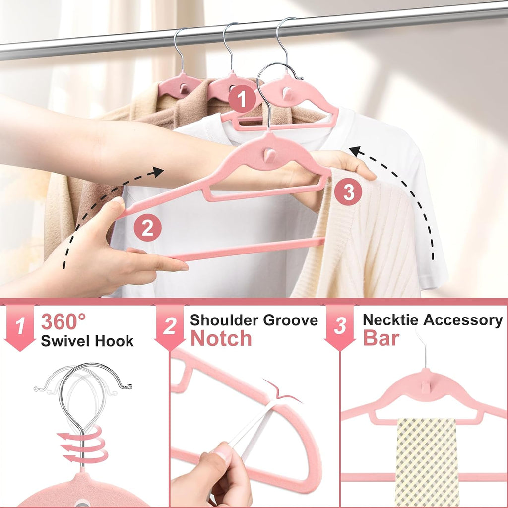 Velvet Felt Stackable Hangers 50 Pack, Thin & Space Saving, Pink | Non Slip, 15Lbs Capacity Heavy Duty With 360°