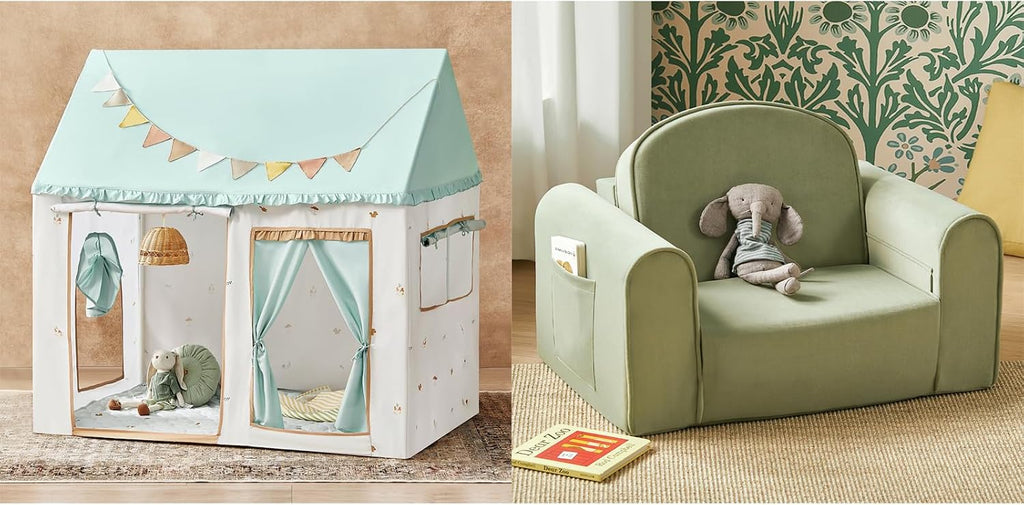 Kids Tent with Printed Mat，2-in-1 Foldable Kids Couch with Pockets