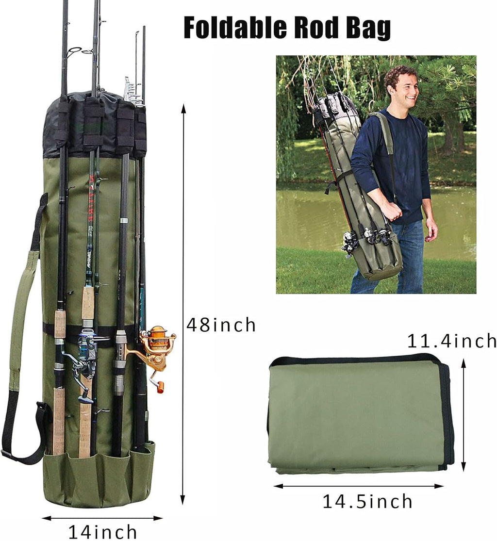 Fishing Pole Bag with Rod Holder Canvas Carrier Bag Fishing Rod Reel Organizer Bag Foldable Fishing Tackle Storage