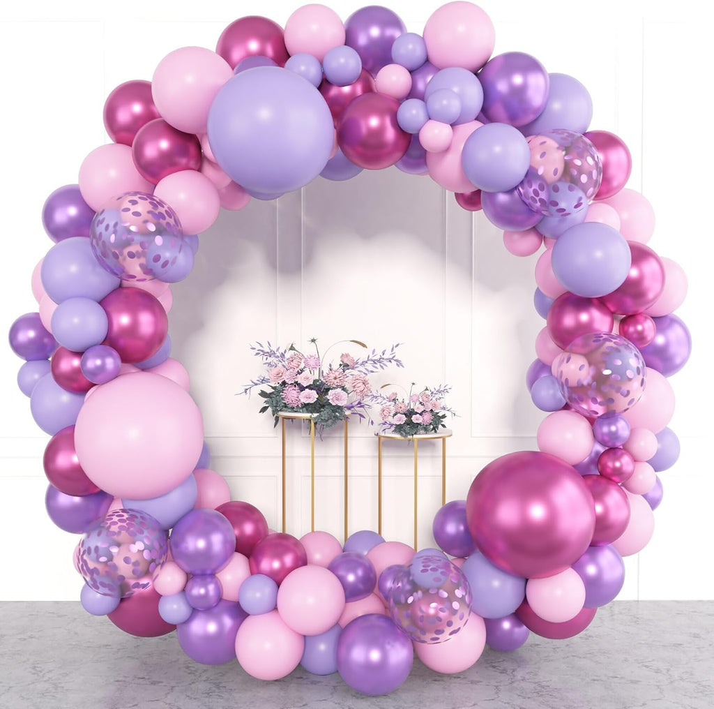 153pcs Pink Purple Balloon Garland Arch Kit, Different Sizes 18 12 10 5 inch Pink Purple Red Latex Metallic Confetti