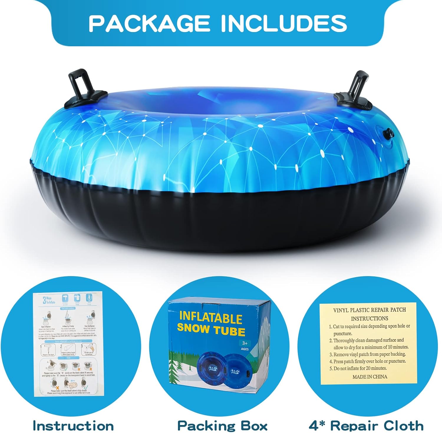 Snow Tube, WOLKEK 2 Pack 40" Inflatable Snow Sled for Kids and Adult, Thickened Heavy Duty Hard Bottom Sleds for Snow