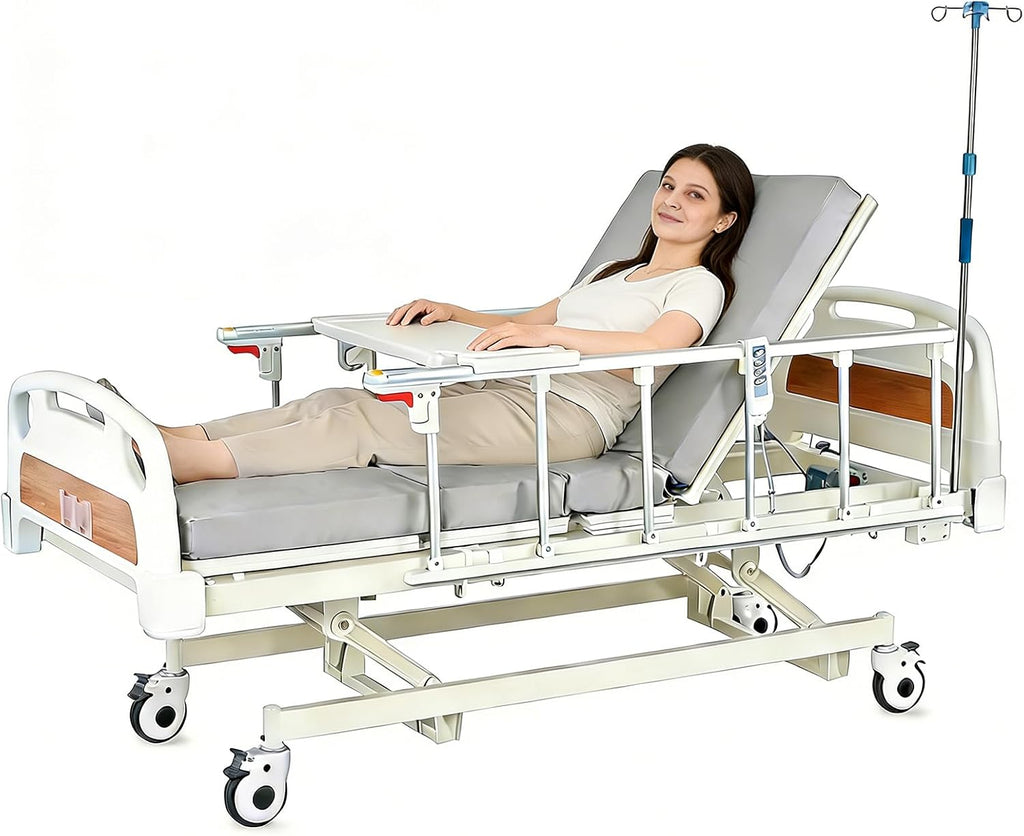Electric Hospital Bed, 4 Function ICU Medical Bed with Waterproof Foam Mattress, Adjustable IV Pole, Dining Bord