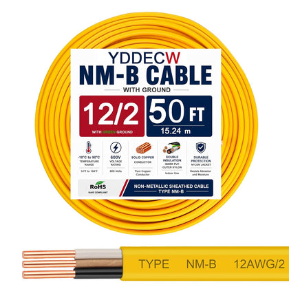 12/2 NM-B Wire with Ground - 50FT 12 Gauge Non-Metallic Sheathed Cable Pure Copper 12 AWG 2 Conductor Residential Indoor Wire for Outlets, Switches and Other Loads etc.