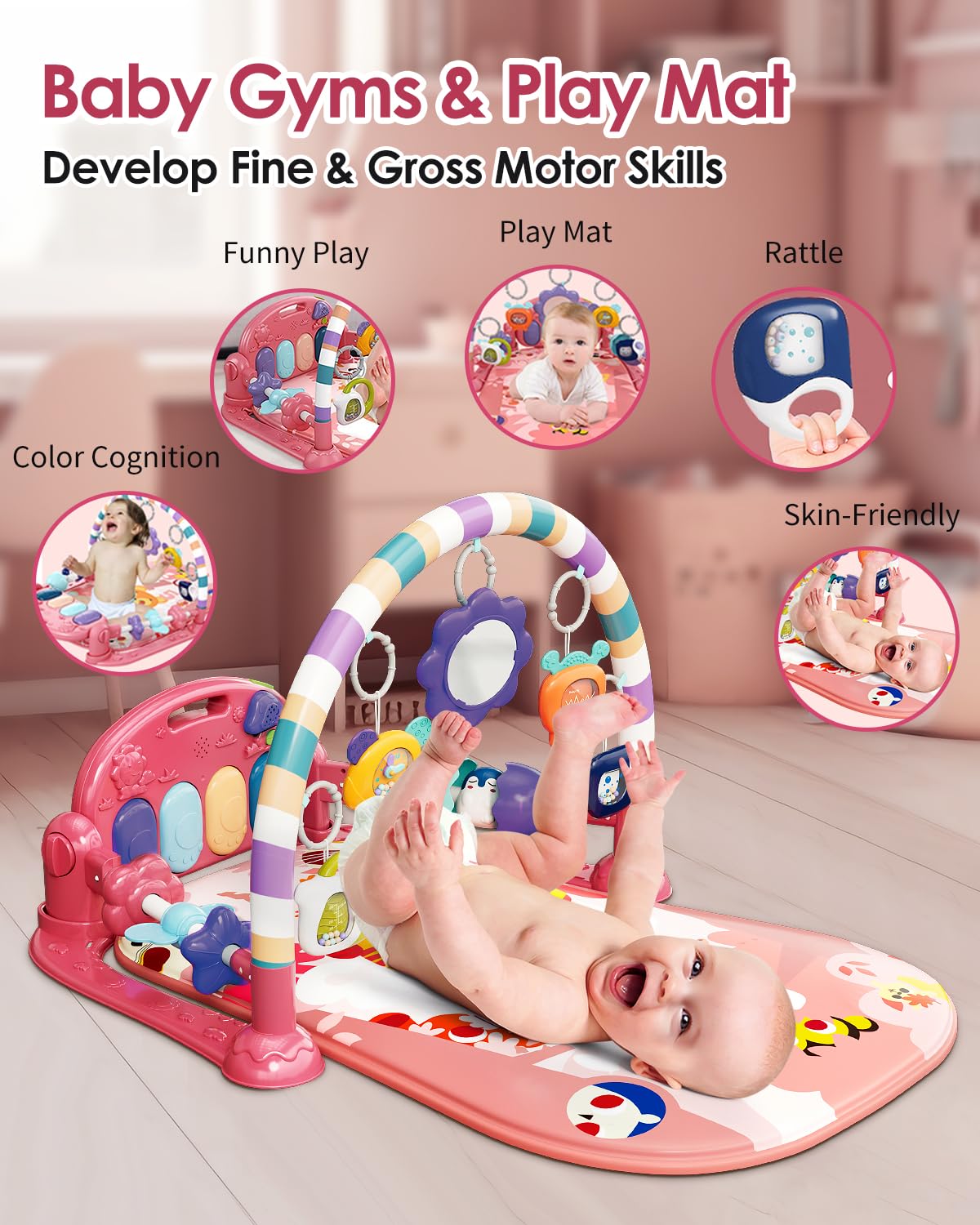 Baby Play Mat Gym, Funny Play Piano Tummy Time Activity Mat with 5 Infant Sensory Toys, Music and Lights, Boy & Girl