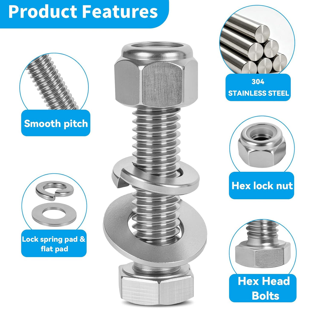 20Pack 1/4-20x1 Hex Head Screw Bolt,304 Stainless Steel