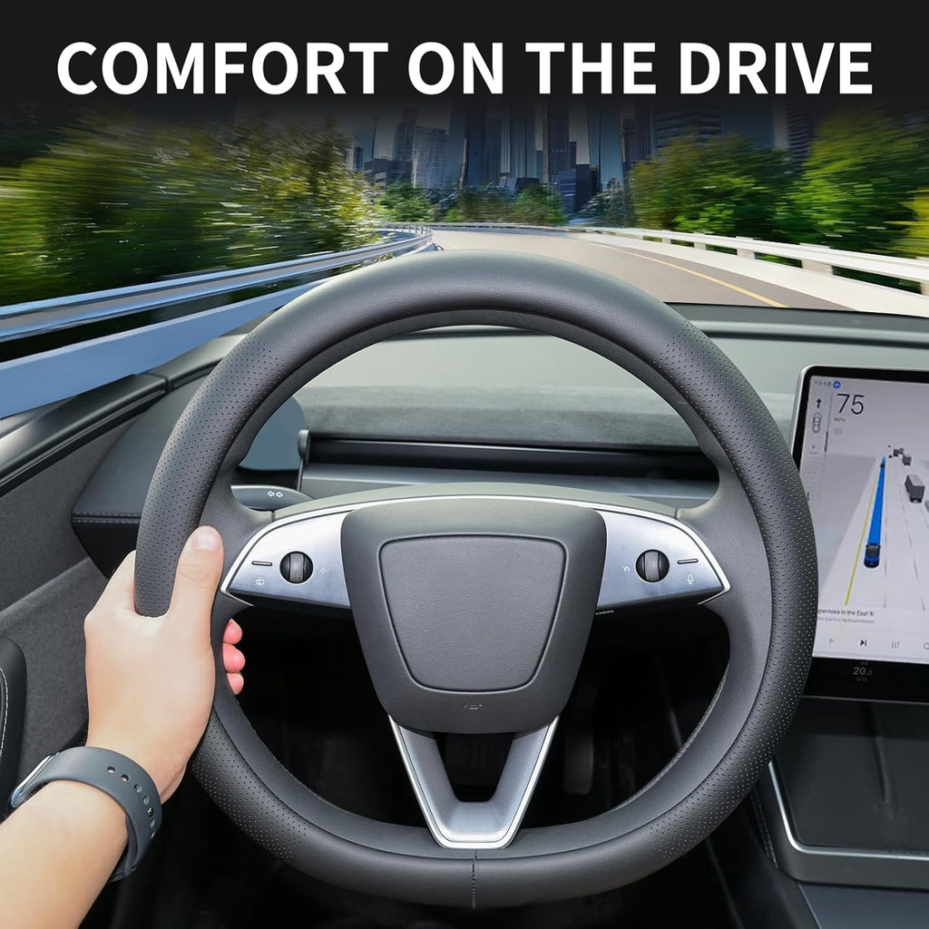 Nappa Leather Steering Wheel Cover Compatible with Tesla Model 3/Y 2016-2025 2026 Juniper/Highland, Non-Slip
