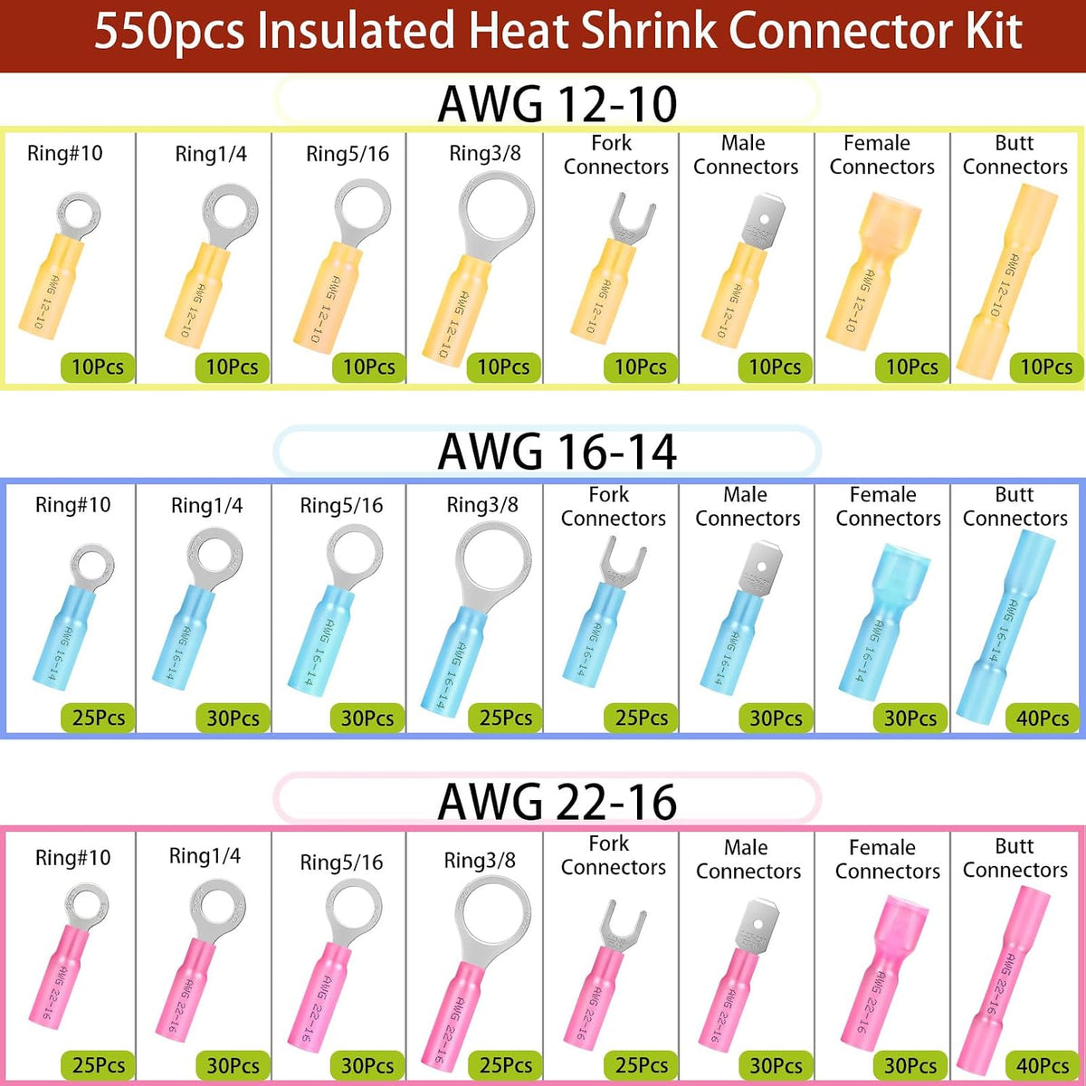 550Pcs Electrical Waterproof Heat Shrink Wire Connector Terminal Kit