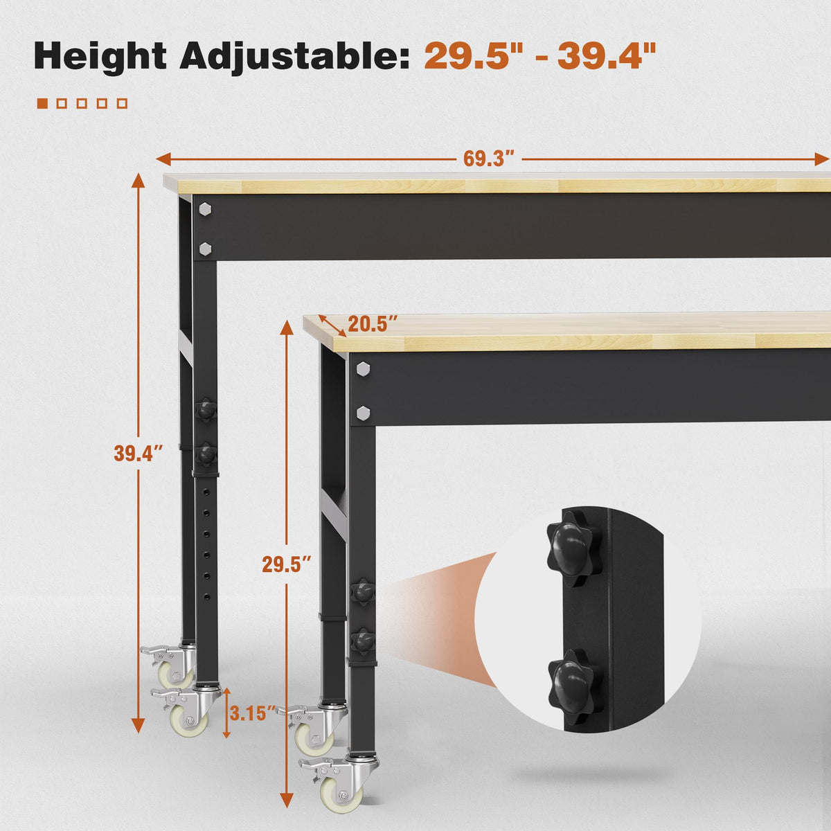 69" Heavy Duty Workbench, Rubber Wood Work Table, Workbench on Wheels, Height Adjustable Workstation Desk, Workshop