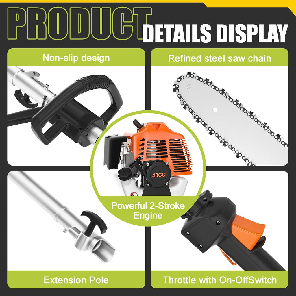 Gas Powered Pole Saw, 48cc 2-Cycle Gas Pole Saws for Tree Trimming with 11.5in Cutting Bar,16-FT Height Reachable