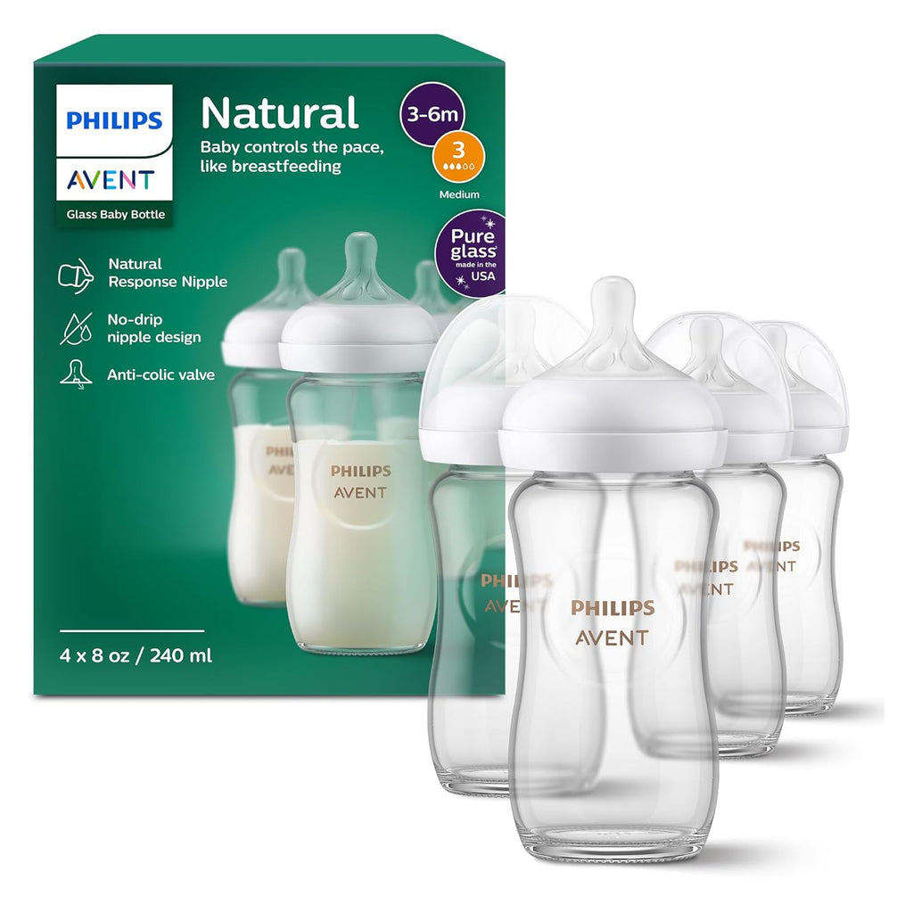 Natural Glass Baby Bottles with Natural Response Nipples (Medium Flow, Flow 3), 8oz, 4-Pack, SCY913/04