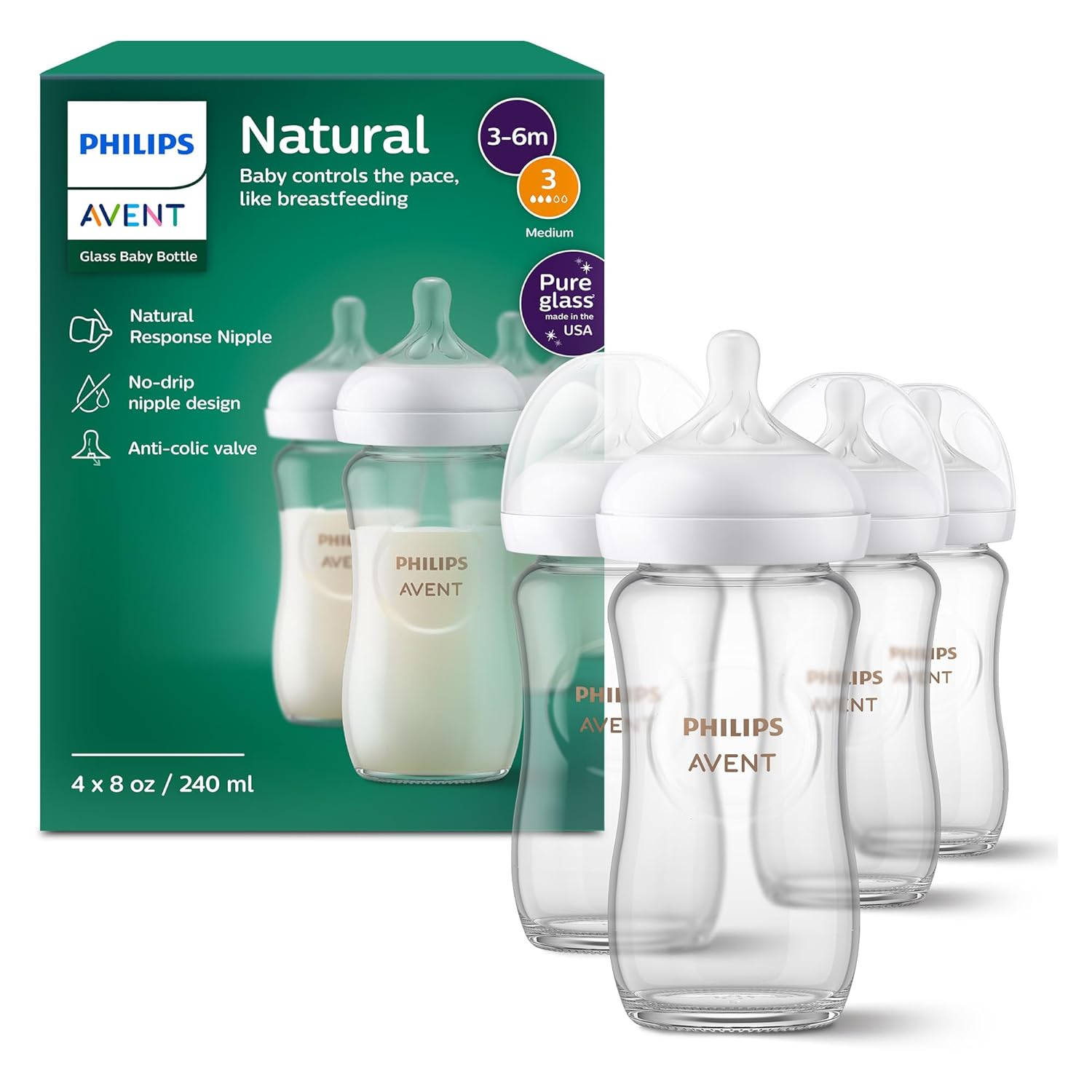 Natural Glass Baby Bottles with Natural Response Nipples (Medium Flow, Flow 3), 8oz, 4-Pack, SCY913/04